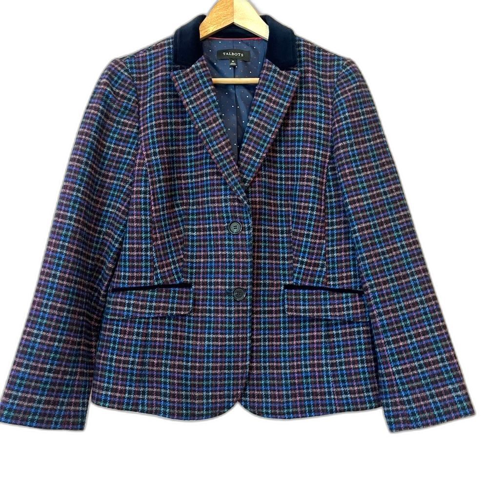 Talbots Mistletoe Plaid Shetland Wool Blazer Sz 10 Velvet Collar Blue Academia